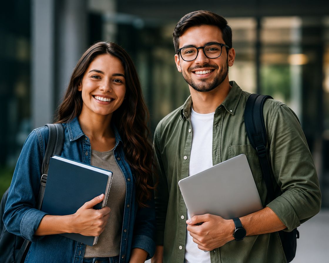Dois estudantes sorrindo, com caderno e notebook nas mãos